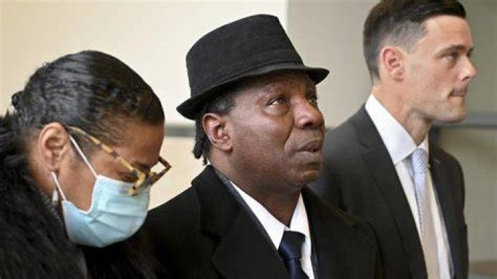 Anthony Broadwater, centre, gazes upward on Nov. 22, 2021, in Syracuse, N.Y., after Judge Gordon Cuffy overturned the 40-year-old rape conviction that wrongfully put him in state prison for Alice Sebold's rape.