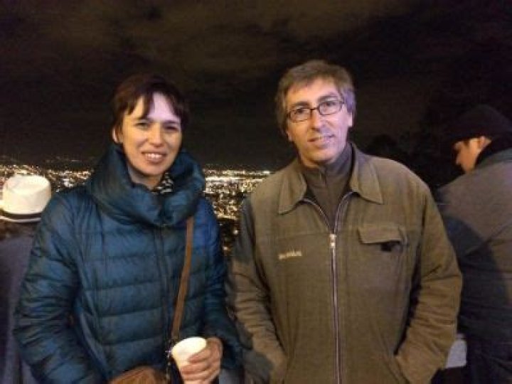 Ariadna Gil Giner and David Trueba are wearing jackets in the picture.